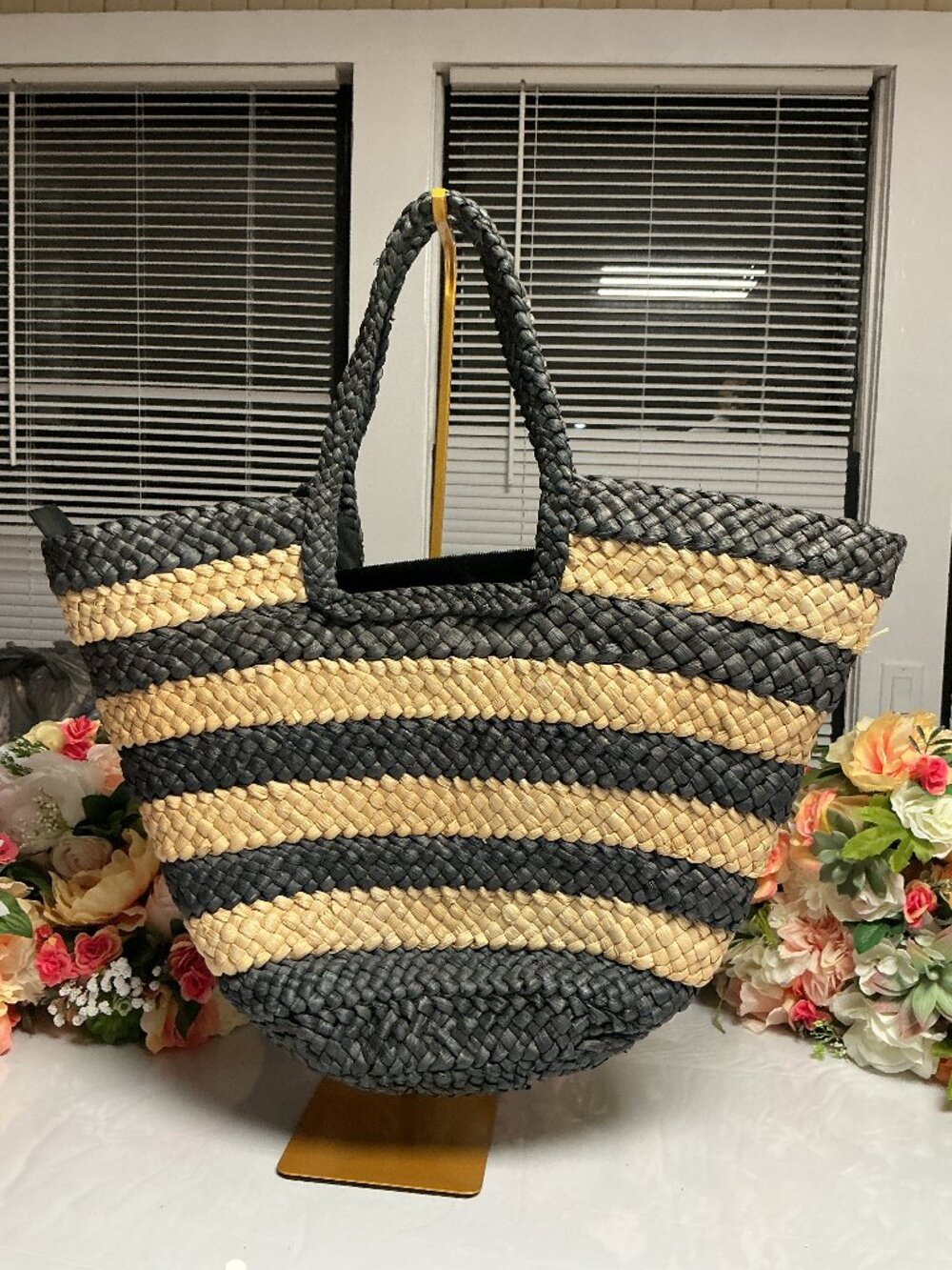 Straw Studios Black and Natural Woven Straw Tote